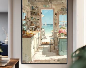 Coastal Cottage Kitchen Wall Art with Seaside View and Sailboats, Light Filled Beach House Decor for Summer Inspired Interiors
