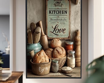 Rustic Kitchen Decor with Vintage Bread Display, Rolling Pin and Farmhouse Sign for Cozy Country Style Kitchen Wall or Shelf