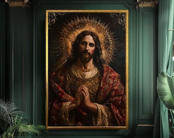 Classic Jesus Christ Canvas Wall Art with Sacred Heart and Golden Halo, Traditional Christian Religious Artwork for Faith Home Decor