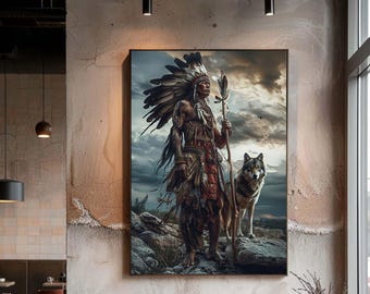Native American Warrior Canvas Wall Art, Spiritual Tribal Portrait with Wolf Companion Nature Print