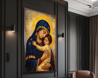 Virgin Mary and Child Canvas Wall Art, Classic Religious Christian Portrait with Golden Halo Spiritual Print