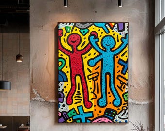 Colorful Pop Art Canvas Wall Art, Modern Graffiti Style Figures Print, Bold Contemporary Street Art Decor