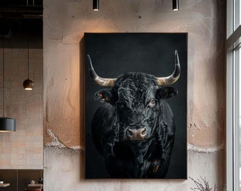 Black Bull Canvas Wall Art, Powerful Bull Portrait Print, Modern Animal Wall Decor for Office or Living Room