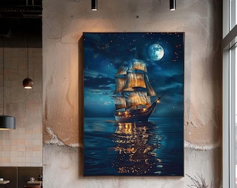 Sailing Ship Under Moonlight Canvas Wall Art, Fantasy Night Ocean Scene with Glowing Reflection Print