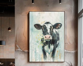 Cute Cow Canvas Wall Art, Farm Animal Print with Daisy Flowers, Rustic Country Style Wall Decor for Kitchen or Farmhouse