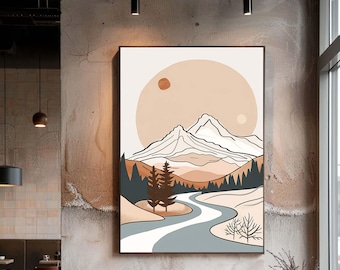 Minimalist Mountain Landscape Canvas Wall Art, Boho Abstract Nature Line Drawing with Sun Modern Neutral Decor Print