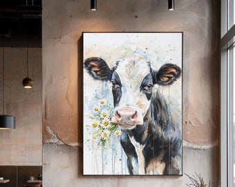 Farm Cow Canvas Wall Art with Daisies, Cute Farm Animal Print for Rustic Farmhouse Kitchen Decor
