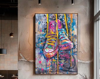 Colorful Graffiti Sneakers Canvas Wall Art, Urban Street Art Shoes Print, Modern Pop Art Decor for Teen Room or Studio