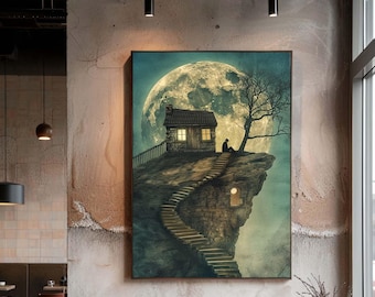 Surreal Moonlit Cliff House Canvas Wall Art, Dreamlike Night Landscape with Stairs and Lone Figure Print