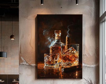 Whiskey and Cigar Canvas Wall Art, Classic Bar Still Life Print with Glass and Bottle, Masculine Lounge or Man Cave Decor