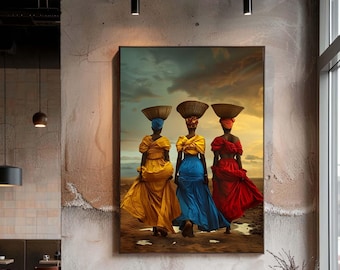 African Women Carrying Baskets Canvas Wall Art, Cultural Portrait in Vibrant Traditional Colors Print