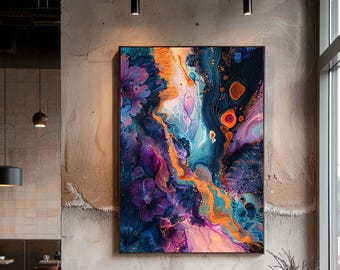 Colorful Abstract Canvas Wall Art, Modern Fluid Style Artwork in Blue Purple and Orange, Contemporary Statement Decor
