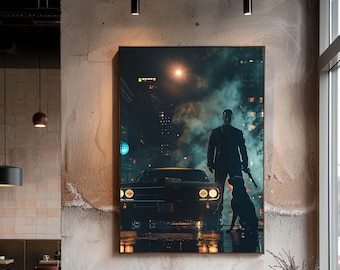 Dark Mafia Night Scene Canvas Wall Art, Gangster Car and Dog Cinematic Urban Crime Style Print