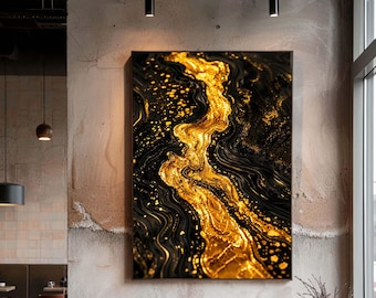 Black and Gold Abstract Canvas Wall Art, Luxury Fluid Marble Design Modern Elegant Print