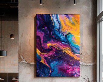 Colorful Fluid Abstract Canvas Wall Art, Vibrant Marble Style Swirl in Purple Blue and Gold Modern Print