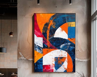 Geometric Abstract Canvas Wall Art, Modern Color Block Design in Orange Blue and Red Contemporary Print