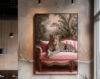 Leopard on Pink Sofa Canvas Wall Art, Exotic Jungle Animal Print with Luxury Vintage Interior Style Decor