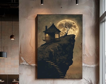 Mystical Moonlit Cliff House Canvas Wall Art, Fantasy Night Landscape with Full Moon and Stairs Print