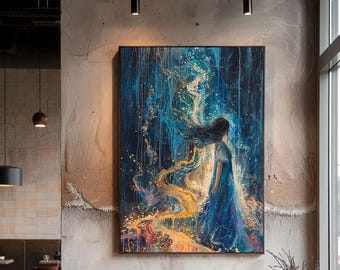 Mystical Girl in Enchanted Forest Canvas Wall Art, Magical Fantasy Print with Golden Light Trail, Dreamy Fairy Tale Decor
