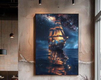 Galaxy Sailing Ship Canvas Wall Art, Fantasy Space Ocean Scene with Starry Sky and Reflection Print