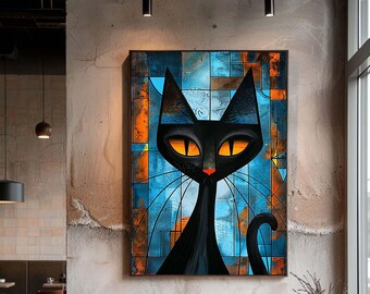 Black Cat Abstract Canvas Wall Art, Modern Geometric Feline Portrait in Bold Colors Print