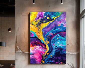 Vibrant Abstract Fluid Canvas Wall Art, Colorful Marble Style Swirl in Blue Purple Yellow Modern Print