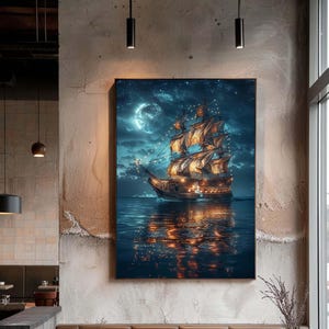 May include: A framed canvas print of a sailing ship at night. The ship is illuminated with warm lights, sailing on a dark sea under a moonlit sky. The artwork is displayed on a textured wall in a restaurant setting.