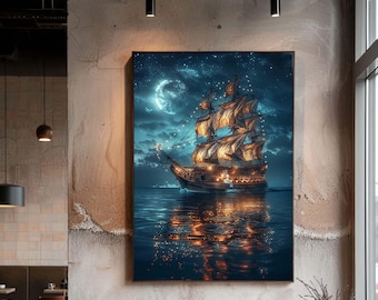 Magical Sailing Ship Canvas Wall Art, Glowing Fantasy Night Ocean Scene with Moonlight Reflection Print