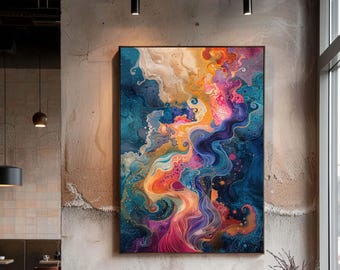 Colorful Abstract Canvas Wall Art, Modern Fluid Pattern in Blue Pink and Gold Tones, Contemporary Statement Wall Decor