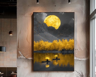 Golden Moon Lake Canvas Wall Art, Surreal Night Landscape with Yellow Forest and Boat Scene Print