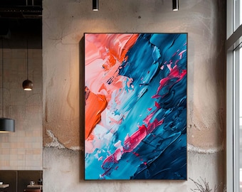 Modern Abstract Color Splash Canvas Wall Art, Teal Blue and Coral Contemporary Art Print