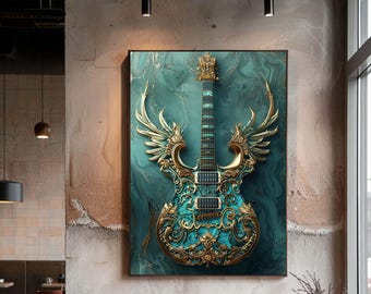 Ornate Electric Guitar Canvas Wall Art, Luxury Baroque Style Instrument with Gold Details Music Print