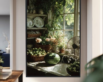 Vintage Cottagecore Kitchen Wall Art with Watermelon and Green Fruit, Floral Details and Sunlit Sink for Rustic Farmhouse Decor