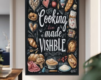 Chalkboard Style Kitchen Wall Art with Baking Illustrations and Quote, Cooking Print with Bread, Whisks and Cozy Culinary Vibes