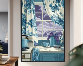 Vintage Blue Kitchen Wall Art with Floral Curtains and Lilac Bouquet, Cozy Retro Stove Scene for Cottagecore or Farmhouse Decor