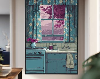 Vintage Blue Kitchen Wall Art with Floral Curtains and Purple Sunset View, Retro Stove Illustration for Cozy Cottagecore Home Decor