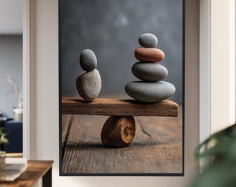 Balance Stones Minimalist Canvas Art Print, Zen Rock Stack Poster, Calm Nature Inspired Wall Decor, Mindful Earth Tone Artwork