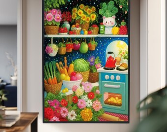 Whimsical Flower Kitchen Wall Art with Cute Cat, Colorful Vegetables and Night Sky Backdrop for Cozy Cottage or Nursery Decor