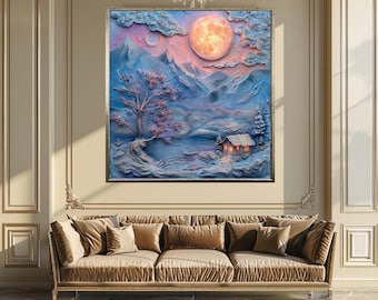 Fantasy Winter Moon Canvas Wall Art – Landscape Print with Glowing Full Moon, Cozy Cabin and Snowy Mountains in Dreamy Pastels