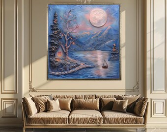 Whimsical Moonlit Lake Canvas Wall Art – Fantasy Landscape with Cabin, Sailboat and Mountains in Magical Blue and Pink Tones
