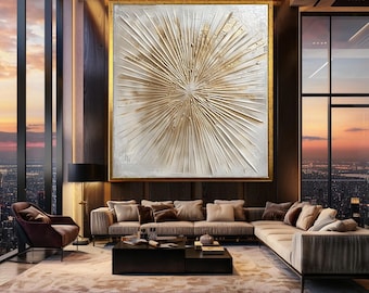 Gold Abstract Canvas Wall Art – Modern Metallic Sunburst Design in Neutral Tones for Contemporary Living Room or Office Decor