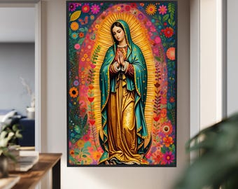 Our Lady of Guadalupe Canvas Wall Art, Colorful Floral Virgin Mary Print, Vibrant Catholic Religious Artwork for Spiritual Home Decor