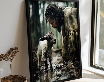 Jesus with Lamb in Rain Wall Art – Spiritual Compassion and Protection Canvas Print – Christian Symbol of Mercy for Faithful Decor