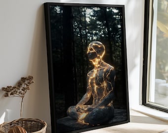 Spiritual Enlightenment Energy Art Print – Meditative Figure with Glowing Light – Inner Power Poster for Yoga or Zen Wall Decor