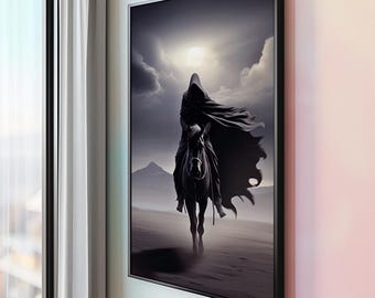 Dark Rider Moonlight Wall Art – Mysterious Cloaked Horseman Canvas Print – Gothic Fantasy Poster for Dark Themed Decor