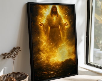 Jesus Glowing In Divine Fire Canvas Art Radiant Light Savior Poster Christian Power Wall Print For Church Prayer Room Or Faith Home Decor