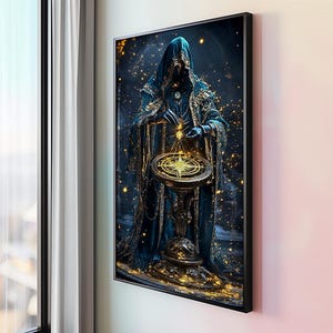 Mystic Wizard Art Print – Magical Hooded Sorcerer Casting Spell with Glowing Orb and Celestial Symbols Fantasy Wall Decor