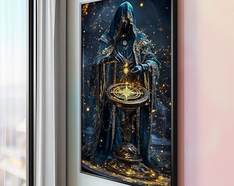 Mystic Wizard Art Print – Magical Hooded Sorcerer Casting Spell with Glowing Orb and Celestial Symbols Fantasy Wall Decor