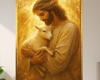 Jesus Embracing Lamb Golden Light Spiritual Digital Art Christian Wall Decor Religious Poster Of Love Peace Faith And Divine Compassion