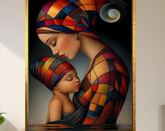Mother And Child Mosaic Style Digital Art Print Colorful Love Portrait Wall Decor Emotional Family Poster African Inspired Artwork